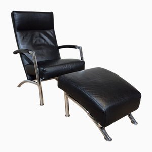 Set of Helical Armchair with Footstool in Black Leather from Leolux