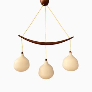 Teak Wood Opaline Glass Chandelier 512 by Uno & Östen Kristiansson for Luxus, Sweden