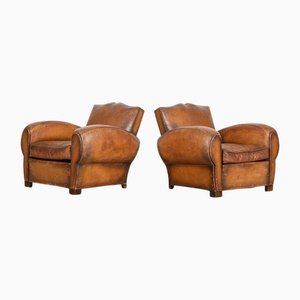 Set of French Leather Moustache Back Club Armchairs, 1930s