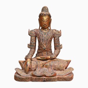 Carved Nepalese Buddha Statue Lotus Meditation Pose Buddhist, 1930s