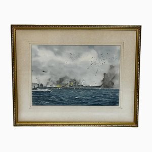 Eric Tuffnell, Pittura dell'affondamento della battaglia navale della corazzata Yamato, aprile 1945, anni '60, acquerello, con cornice