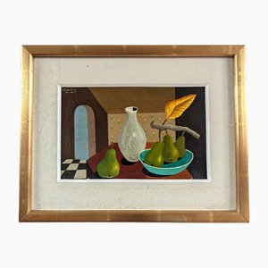 Jarrón Pears & Glass, años 50, pintura al óleo, enmarcado