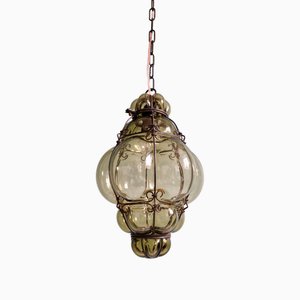 Venetian Pendant Light in Blown Glass and Forged Metal, Mid-20th Century