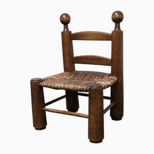 Brutalist Oak and Wicker Children's Chair attributed to Charles Doudouyt, 1960s