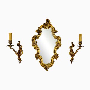 Mirror with Wall Lights, 1980s, Set of 3