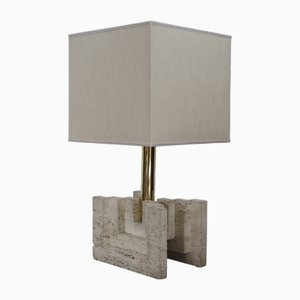 Italian Lampshade with Travertine Base and Brass Stem, 1970s