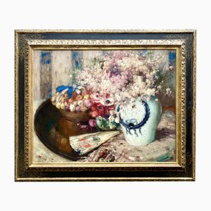 Fernand Toussaint, Still Life with Flowers in a Vase and Fan, 1890s-1910s, Oil on Canvas, Framed