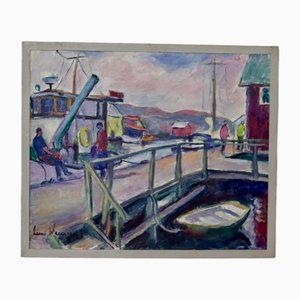 Lasse Wagner, Harbour, 1960s, Huile sur Panneau, Encadré