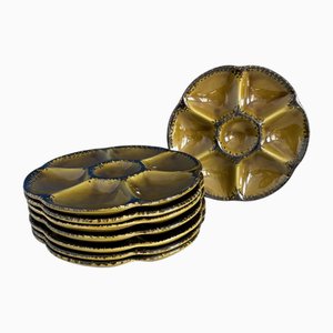 Vintage Oyster Plates in Khaki Green Earthenware and Black Edging from Gien, Set of 8
