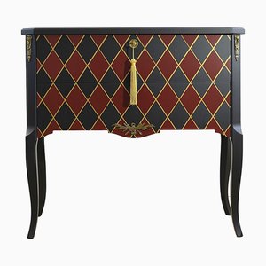 Commode Gustavienne Mid-Century avec Motif Arlequin Peint à la Main en Noir Cassé, Rouge Foncé et Feuille d'Or, 1950s