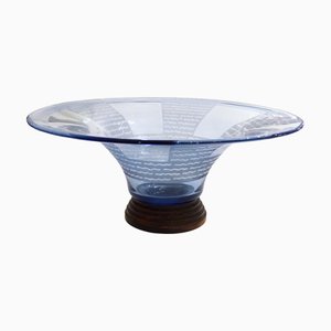 Große Art Deco Schale aus Holz & Blauem Glas mit grafischem Dekor, 1930er