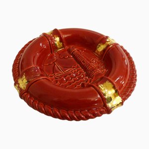Buoy Ashtray in Red Earthenware and Gilding with Marine Decoration from Verceram, France 1950s-1960s