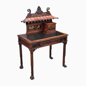 Chinese Chippendale Carved Pagoda Top Writing Table, 1880s