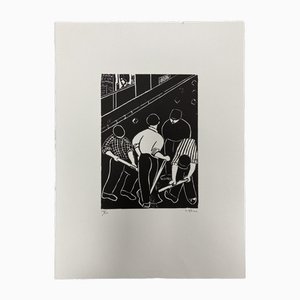 Dominique Le Blaise, The Workers, Woodcut Print on Paper, 1980