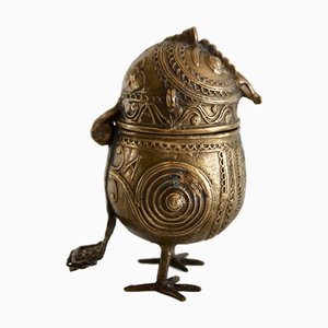 Scatola scultorea con gufo Dhokra in bronzo dorato, India, inizio XX secolo
