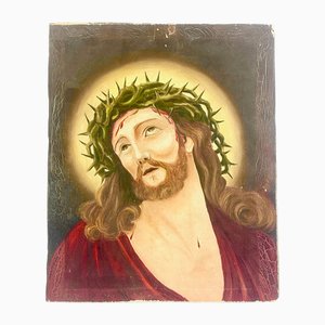 Le Visage du Christ Jésus avec une Couronne d'Épines, Huile sur Carton, 19ème Siècle