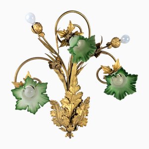 Jugendstil Wandleuchte aus Kastanienblättern & Grünem Glas, 1900er