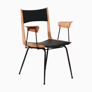 Silla Boomerang italiana con reposabrazos de madera y tapicería nueva atribuida a Carlo De Carli, años 50