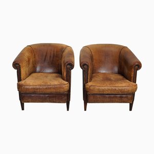 Set of Vintage Dutch Cognac Colored Leather Club Chairs
