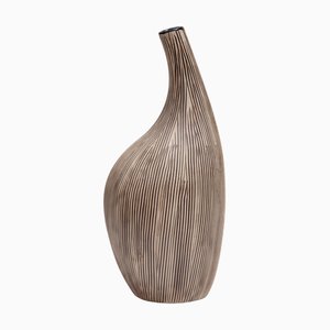 Vaso Ikebana astratto in ceramica smaltata marrone con strisce bianche, Giappone, anni '60