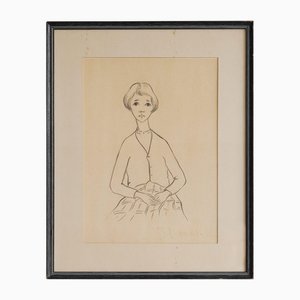 JA Van de Velde, Jongedame, Fusain sur Papier, 1950s, Encadré