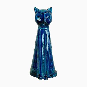 Mid-Century Italian Rimini Blu Ceramic Cat attributed to Aldo Londi for Bitossi, 1960s