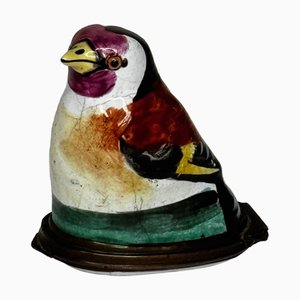 Small English Enamel Goldfinch Bonbonnière Snuff Box attributed to Bilston Battersea, 18th Century