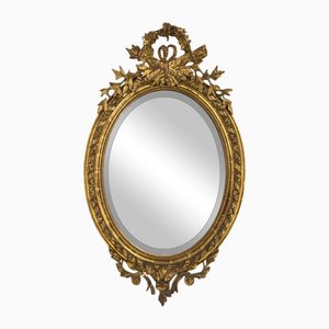Antique Louis XVI Style Oval Mirror in Wood and Gilded Stucco