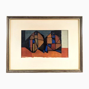 Habitations Fragmentées, 1950s, Huile sur Papier, Encadré