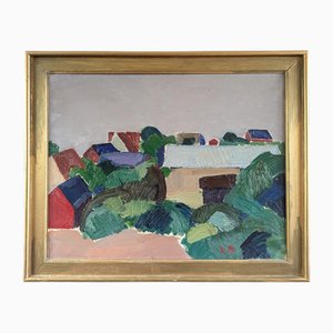Casas en la ladera, años 50, pintura al óleo, enmarcado