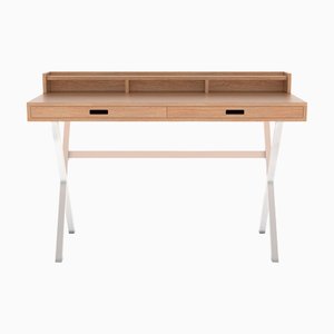 Iridescent White Metal Hyppolite Desk in Natural Oak by Harto