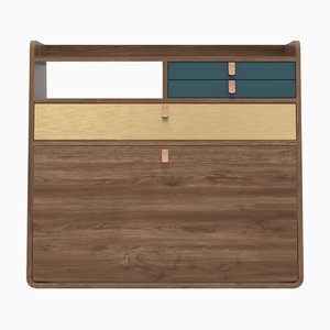 Petrol Blue Drawers Gaston Floating Writing Desk in Natural Walnut by Harto