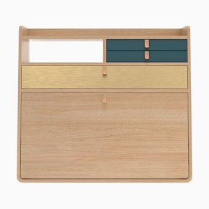 Petrol Blue Drawers Gaston Floating Writing Desk in Natural Oak by Harto