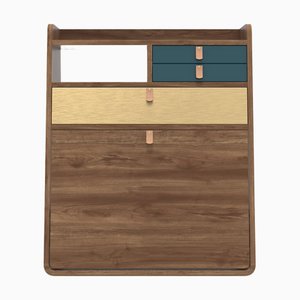 Petrol Blue Drawers Gaston Floating Writing Desk in Natural Walnut by Harto