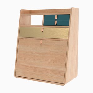 Petrol Blue Drawers Gaston Floating Writing Desk in Natural Oak by Harto