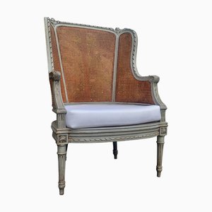 Großer Louis XVI Armlehnstuhl aus Grauem Holz & Geflecht, 1890er