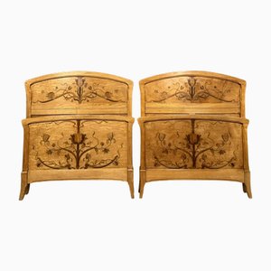 Art Nouveau Nancy School Center Beds in Light Wood Marquetry and Noble Woods, 1900s