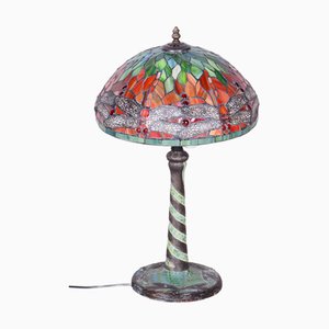 Vintage French Art Deco Table Lamp in Enameled Bronze with Glass Shade, 1970s