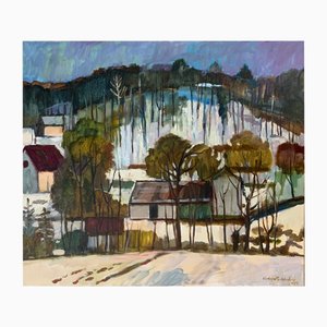 Marek Niedojadlo-Cichonski, Casas con el telón de fondo de la montaña, 2024, óleo sobre lienzo