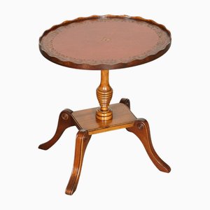 Vintage Yew Wood Pie Crust Side Table with Burgundy Leather Top
