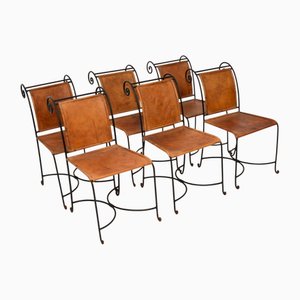 Vintage Spanish Wrought Iron and Leather Dining Chairs, 1970, Set of 6