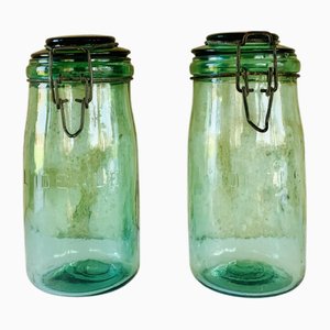 Vintage French Jars in Emerald Green Glass from Lideale, 1940s, Set of 2