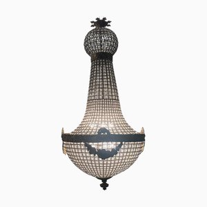 Large Crystal Beaded Bronze Chandelier, 1970s