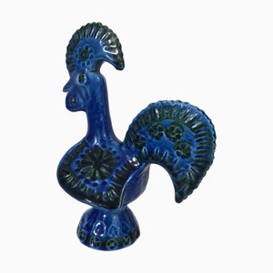 Gallo in ceramica smaltata blu di Aldo Londi per Bitossi