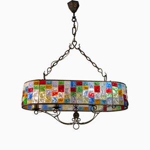 Large Italian Multicolor Hammered Glass and Wrought Iron Lamp, 1990s