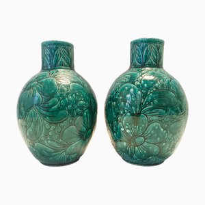Handcrafted Green Ceramic Vases attributed to Fratelli Fanciullacci, Italy, 1960s, Set of 2