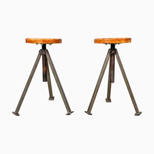 Set of Mid-Century Modern Italian Industrial Adjustable Stools in Wood and Metal, 1960s