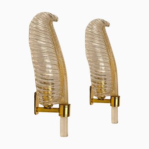 Wandleuchte mit Glas & Messingblättern von Barovier & Toso, Italien, 1970