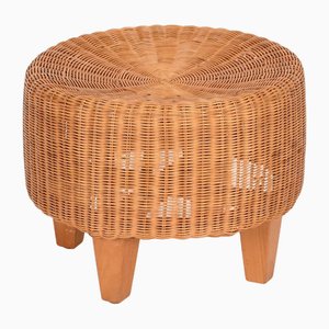 Mid-Century Italian Round Ottoman in Woven Rattan and Wood, Italy, 1970s