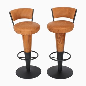 Antique Art Deco Walnut and Tan Leather Bar Stools, 20th Century, Set of 2